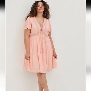 Torrid Pink Peach Mini Gauze Lace-Up Skater Dress Size 2